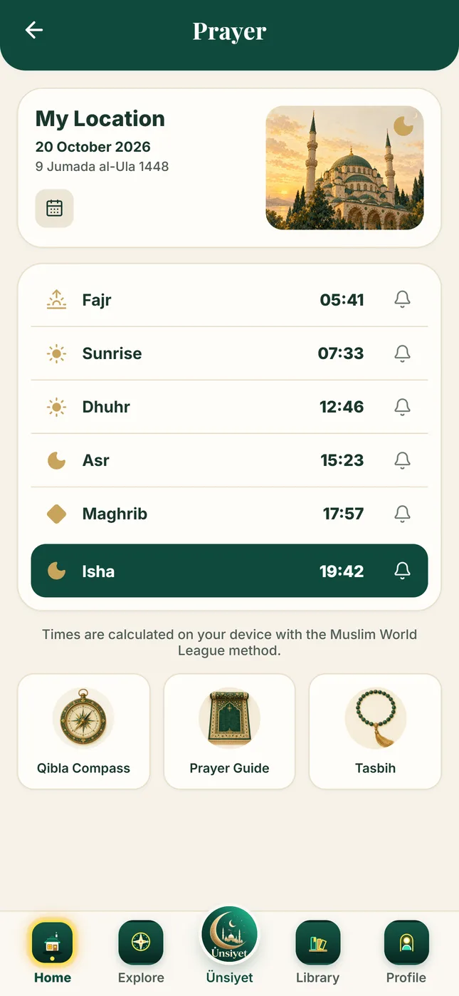 Prayer times and qibla